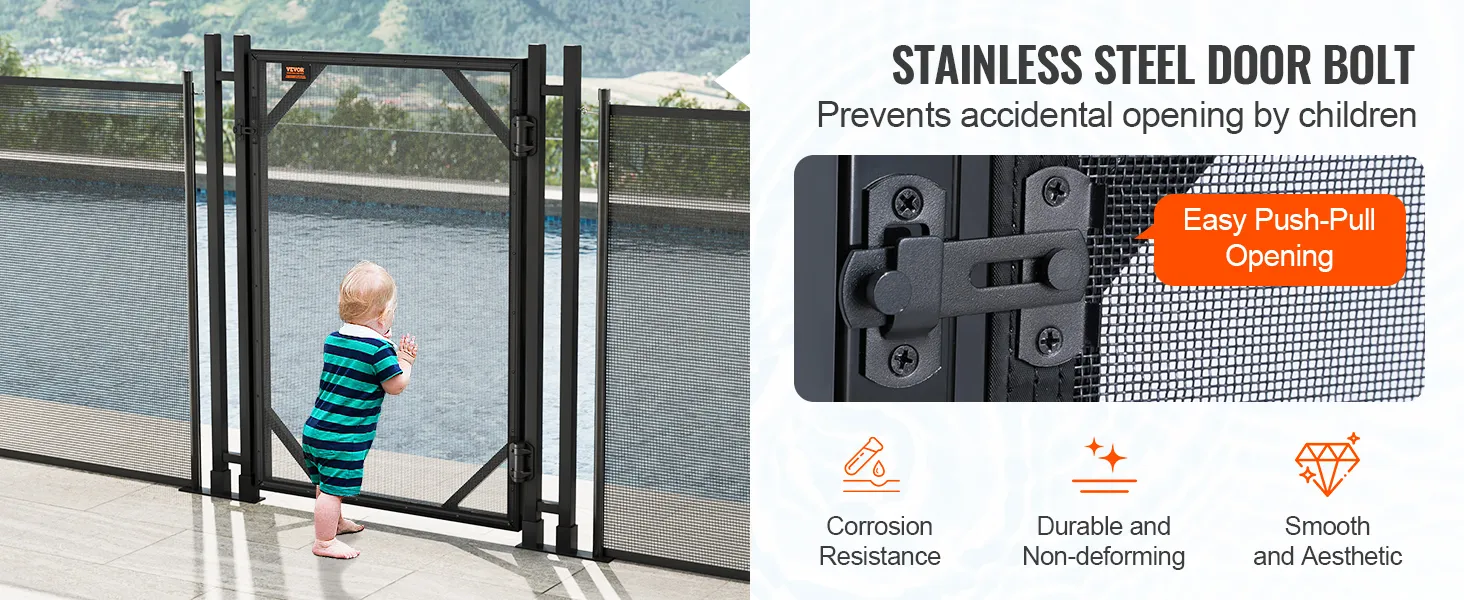 Brama ogrodzeniowa basenu VEVOR z ryglem ze stali nierdzewnej, zapobiegająca przypadkowemu otwarciu przez dzieci.