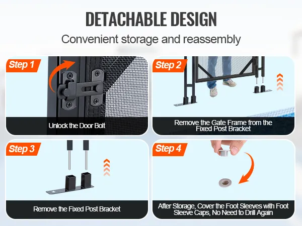 instrukcja dotycząca zdejmowanej bramy ogrodzeniowej basenu VEVOR, pokazująca kroki odblokowywania, wyjmowania i przechowywania.