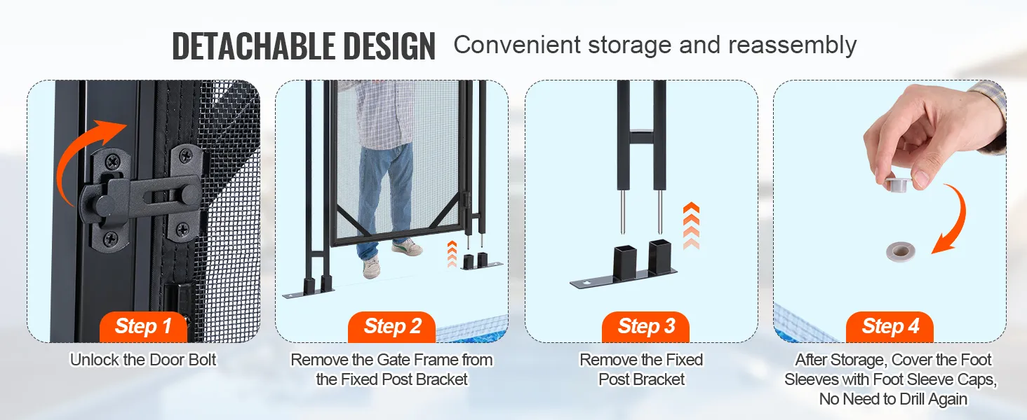 instrukcja dotycząca zdejmowanej bramy ogrodzeniowej basenu VEVOR, pokazująca kroki odblokowywania, wyjmowania i przechowywania.