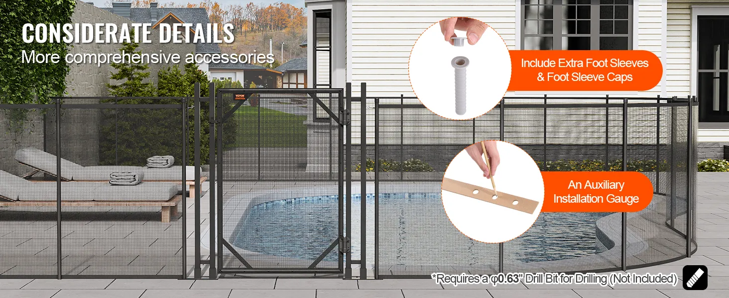 Brama ogrodzeniowa basenu VEVOR z dodatkowymi tulejami na stopy, zaślepkami i pomocniczym wzornikiem montażowym.