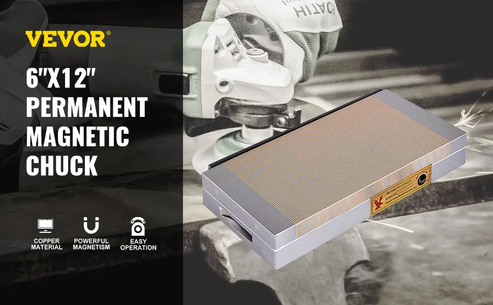 VEVOR magnetic chuck 6"x12" for secure material clamping, using powerful magnetism.