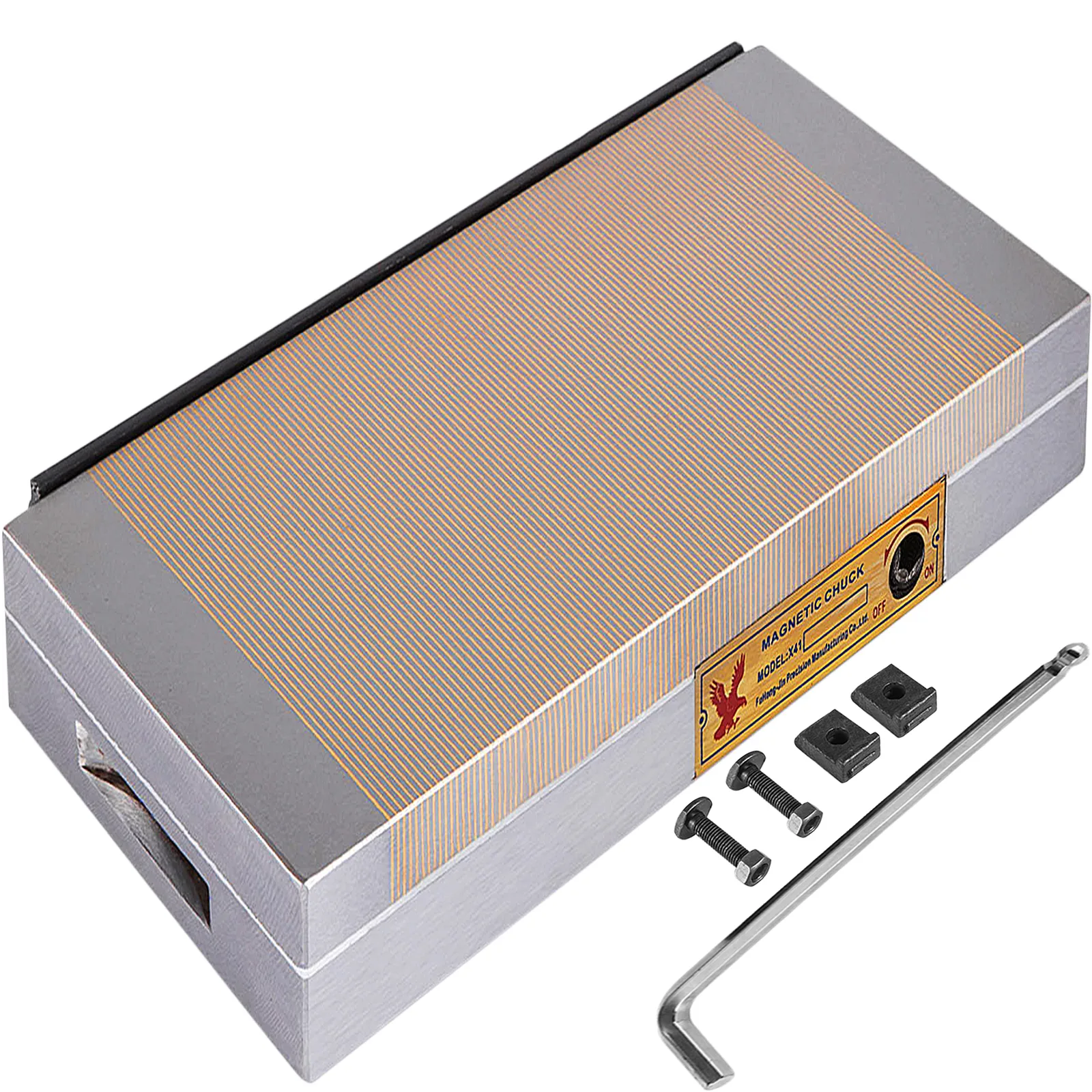 VEVOR magnetic chuck with assembly tools, screws, and l-shaped hex key.