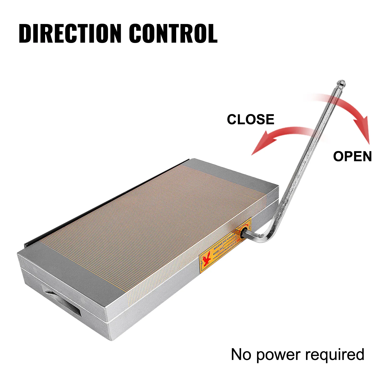 VEVOR magnetic chuck shown with direction control lever for open and close position.