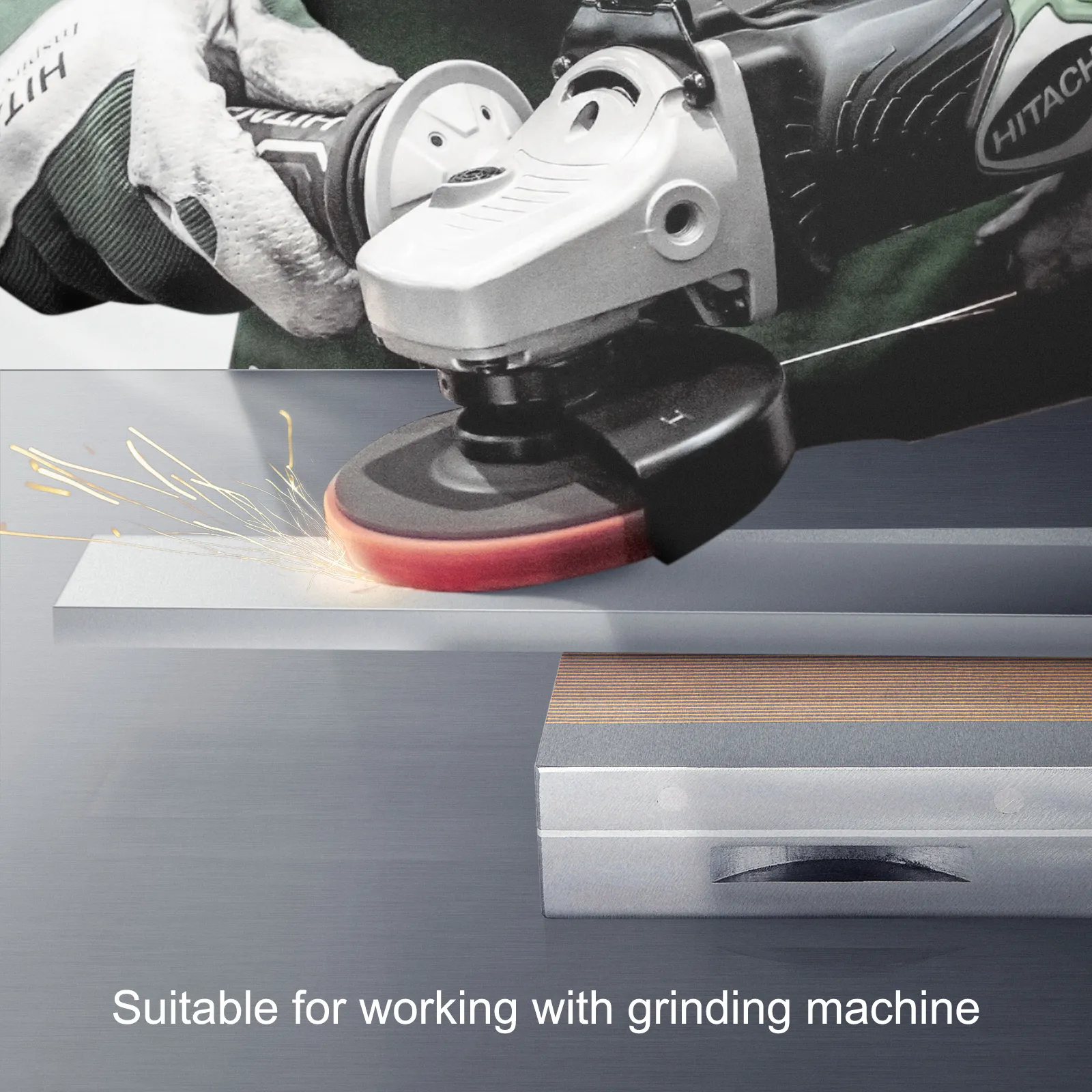 grinding machine on steel bar with VEVOR magnetic chuck, producing sparks.