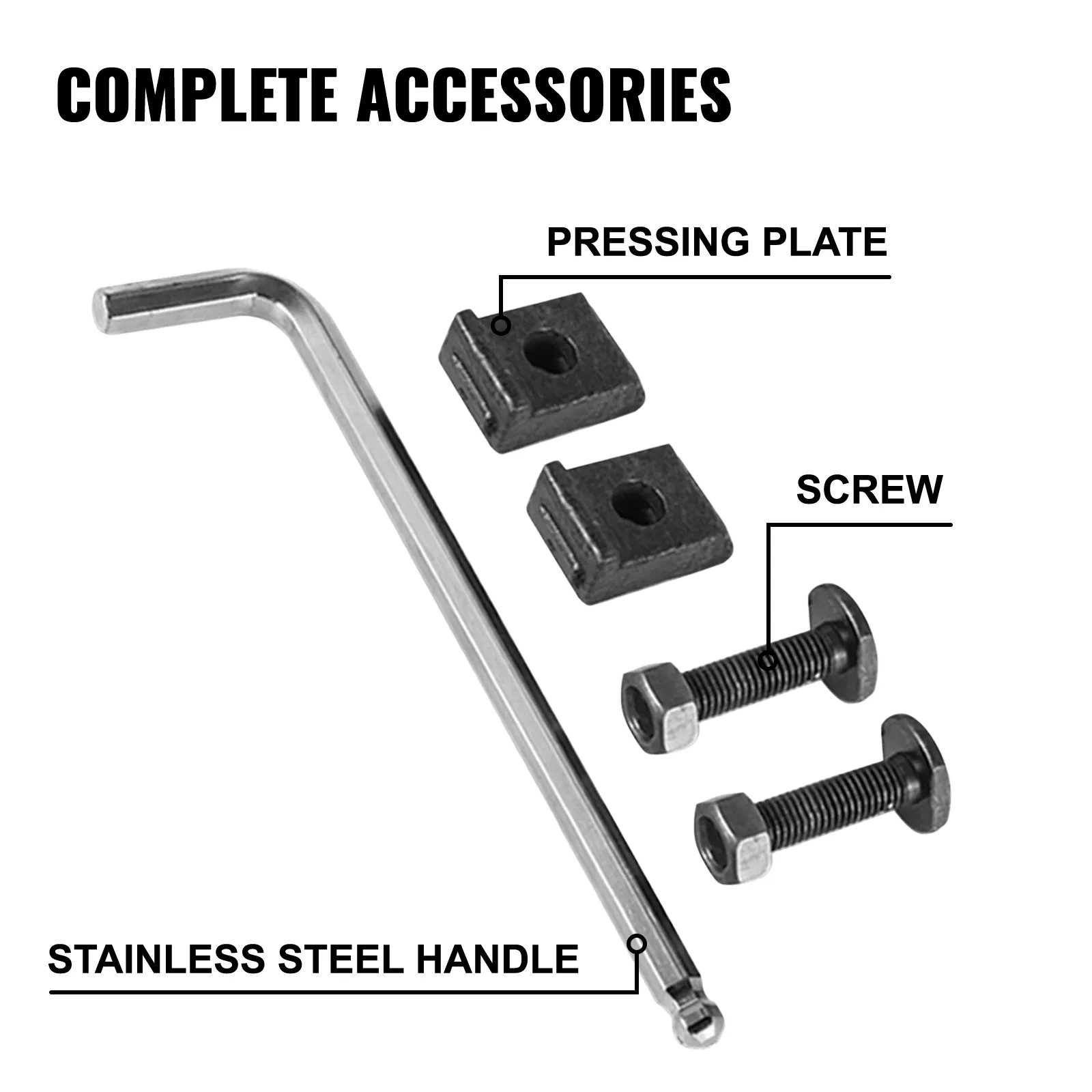 VEVOR magnetic chuck accessories: stainless steel handle, pressing plate, and screws.