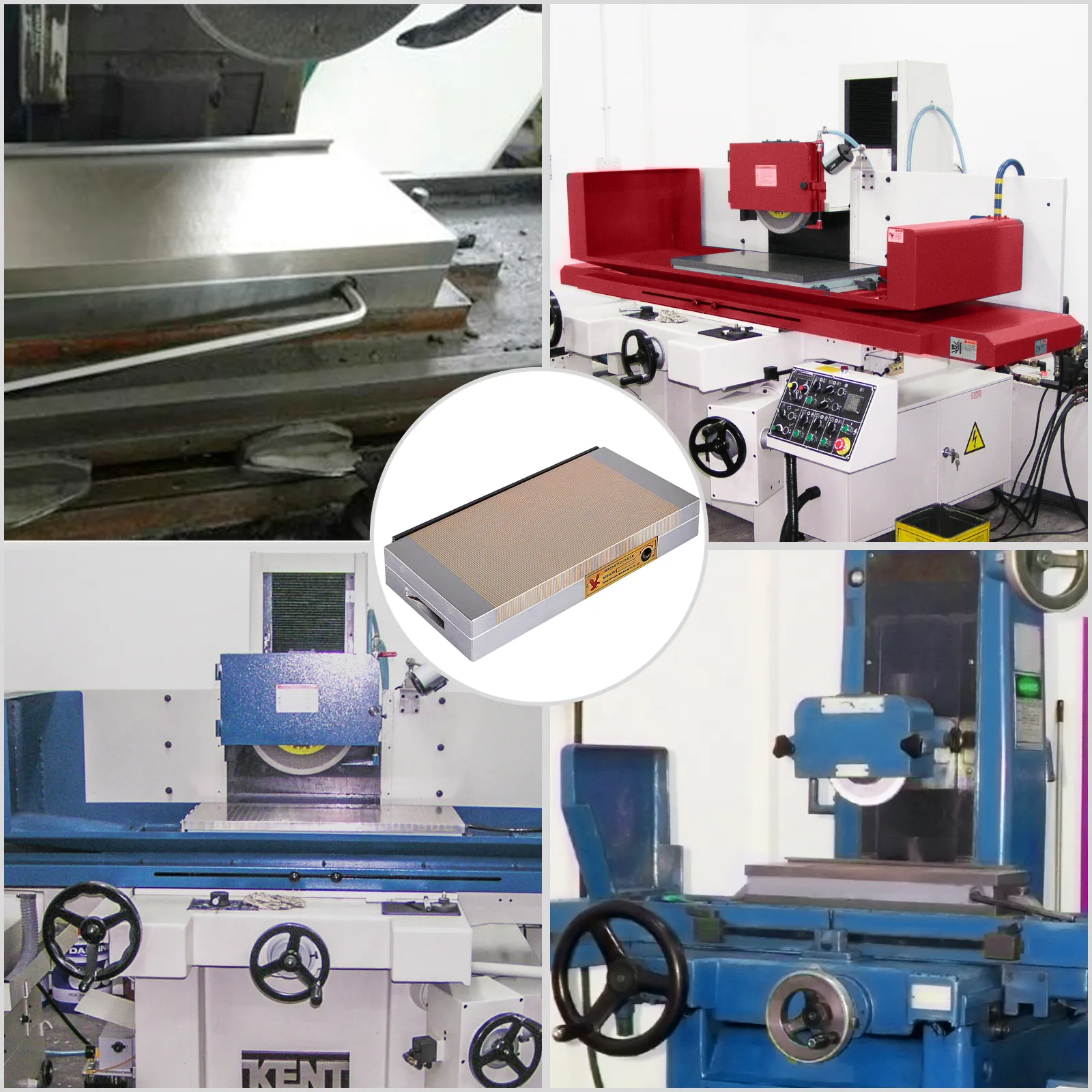 VEVOR magnetic chuck with various industrial machine tools in a workshop.