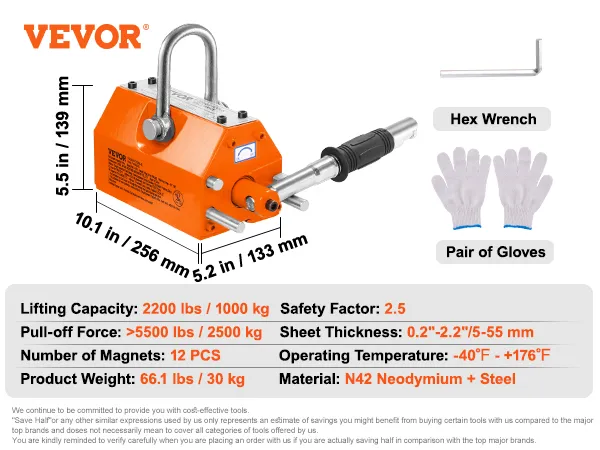 VEVOR magnetic lifter with 2200 lb capacity, includes gloves, hex wrench, n42 neodymium material.