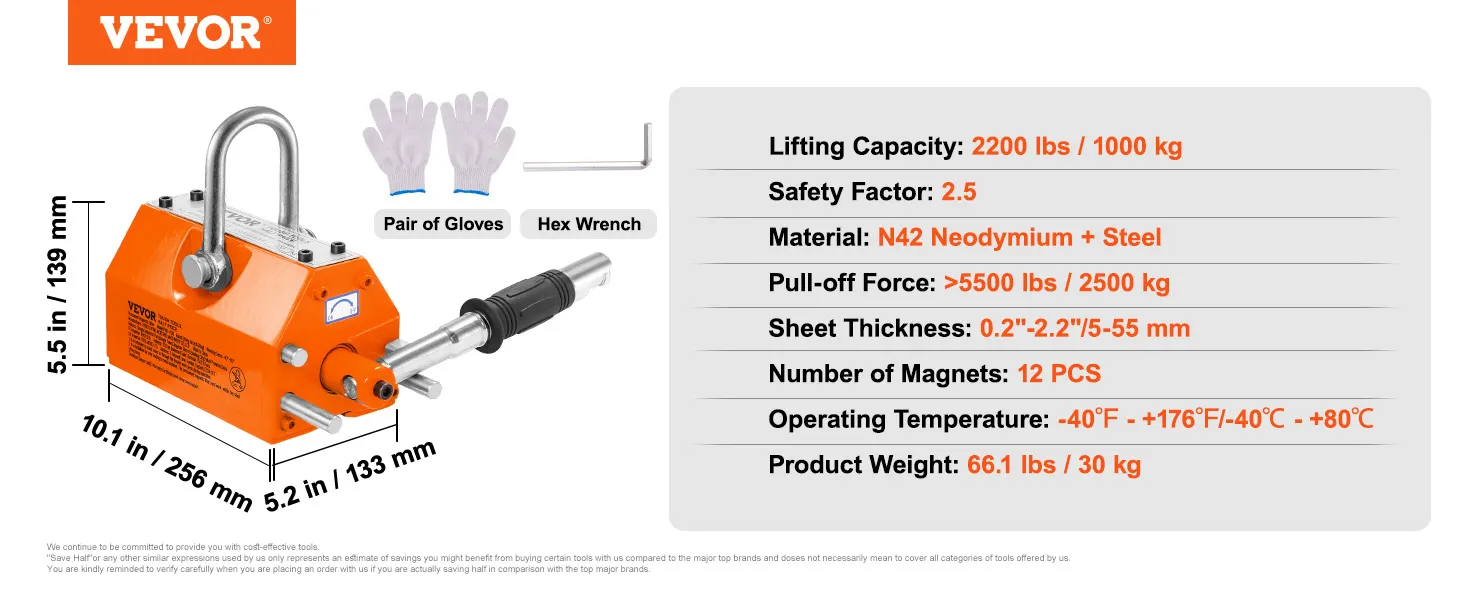 VEVOR magnetic lifter with 2200 lb capacity, includes gloves, hex wrench, n42 neodymium material.
