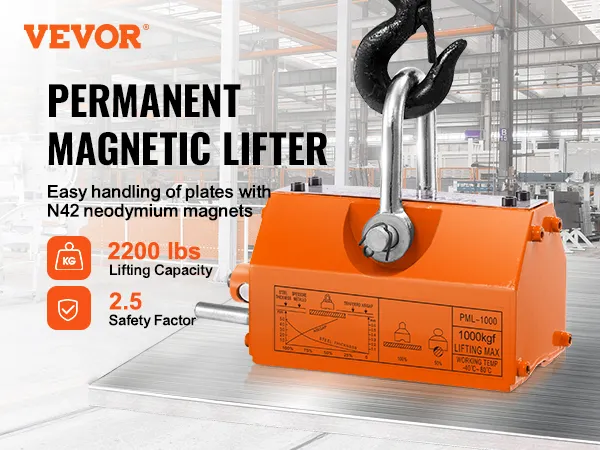 VEVOR magnetic lifter with 2200 lbs lifting capacity and 2.5 safety factor in an industrial setting.