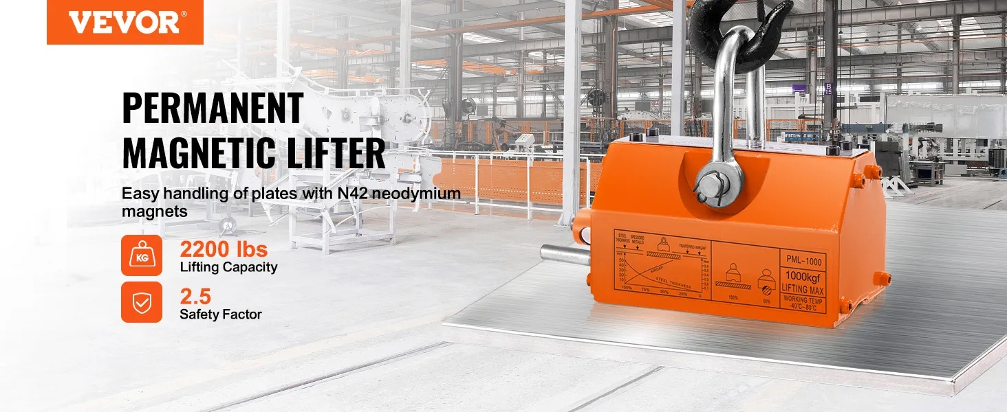 VEVOR magnetic lifter with 2200 lbs lifting capacity and 2.5 safety factor in an industrial setting.