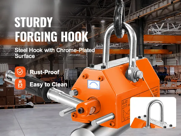 VEVOR magnetic lifter with sturdy chrome-plated steel hook, rust-proof and easy to clean in a warehouse.