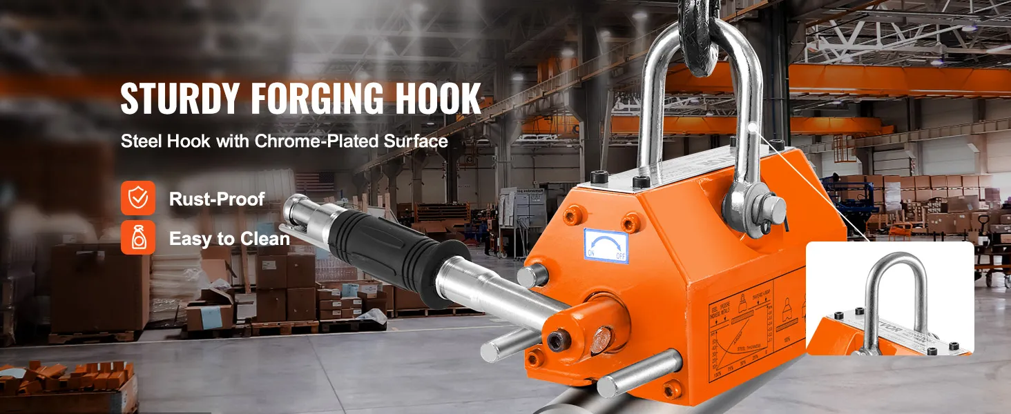 VEVOR magnetic lifter with sturdy chrome-plated steel hook, rust-proof and easy to clean in a warehouse.