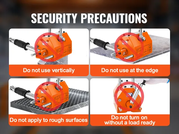 VEVOR magnetic lifter security precautions: no vertical use, no edge lifting, no rough surfaces, no loadless use.