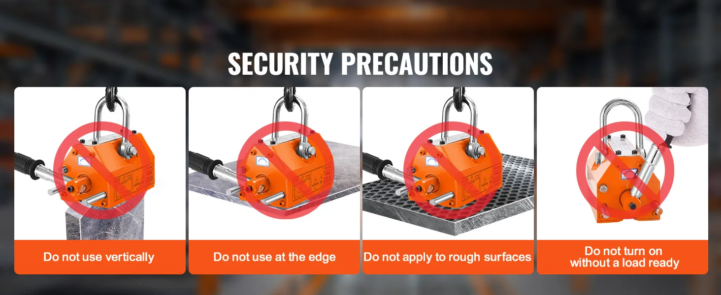 VEVOR magnetic lifter security precautions: no vertical use, no edge lifting, no rough surfaces, no loadless use.
