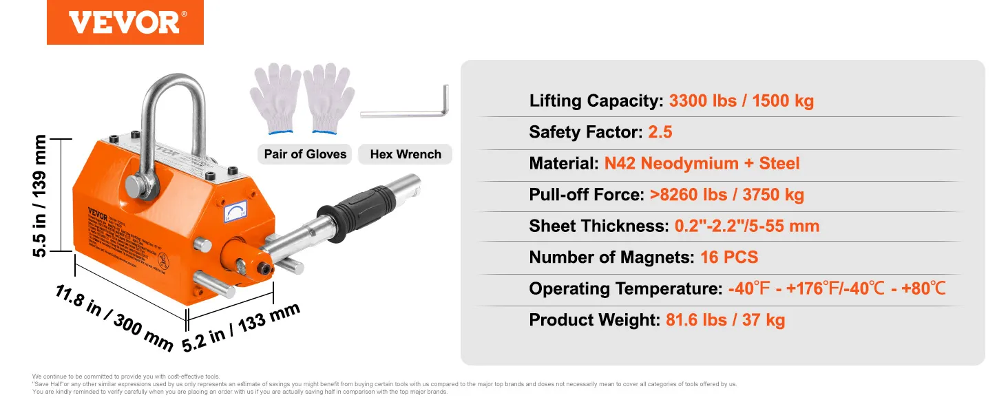 VEVOR magnetic lifter detailed with specs, including 3300 lbs lifting capacity, n42 neodymium material.
