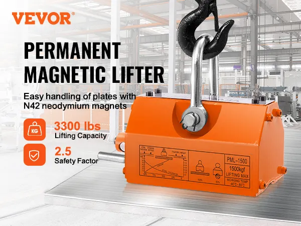 VEVOR magnetic lifter with 3300 lbs capacity in an industrial setting, showcasing n42 neodymium magnets.