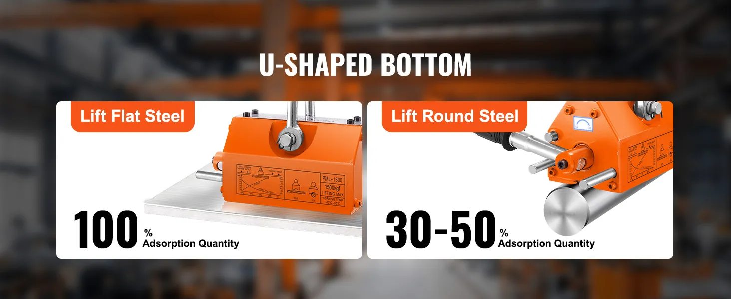 VEVOR magnetic lifter lifting flat and round steel with u-shaped bottom, 100% vs 30-50% adsorption.