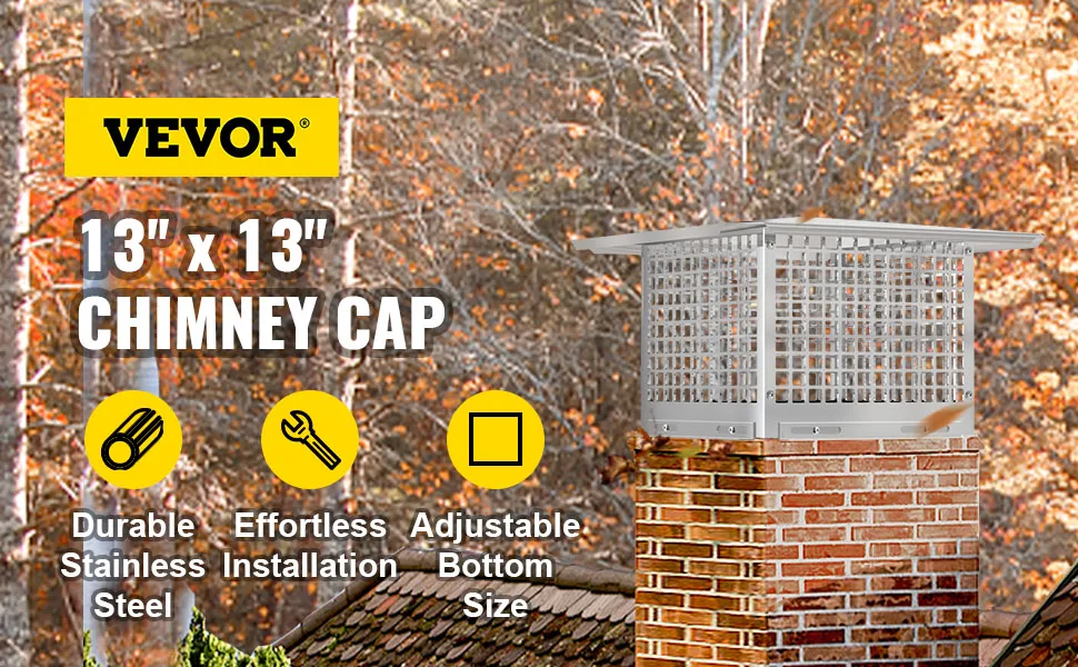 VEVOR chimney cap on a brick chimney, with autumn trees in the background.