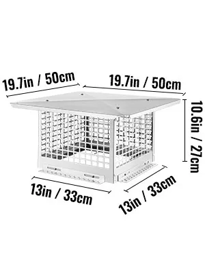 VEVOR chimney cap dimensions: 19.7in x 19.7in x 10.6in, base 13in x 13in.