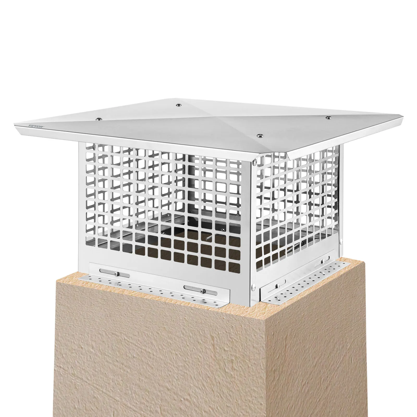 VEVOR chimney cap with stainless steel mesh and flat top on a tan chimney.