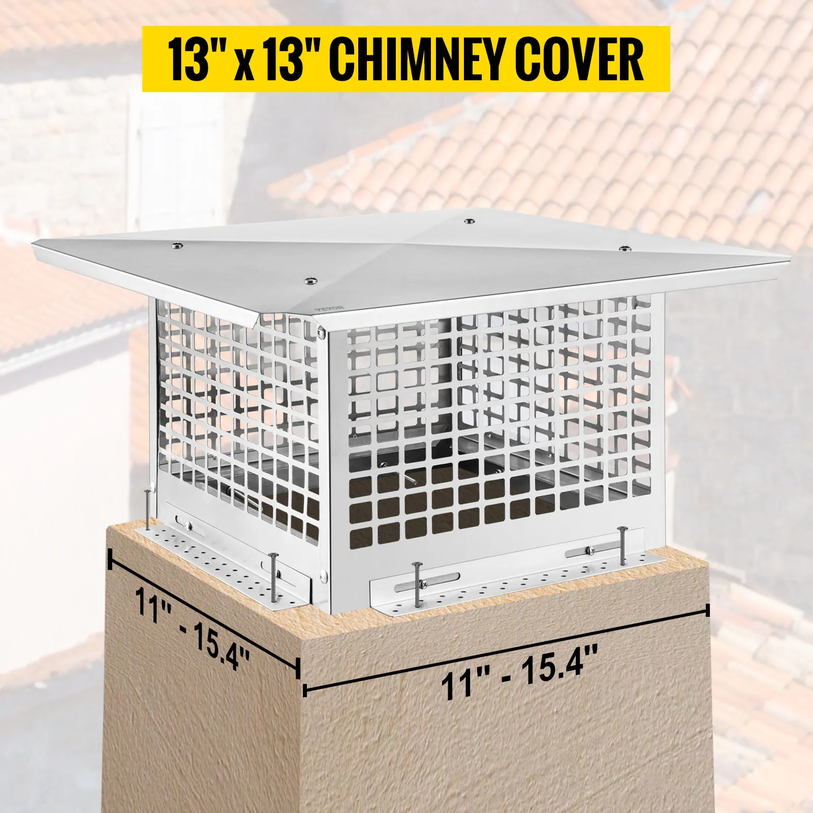 VEVOR chimney cap 13"x13" chimney cover with mesh and adjustable base 11"-15.4".