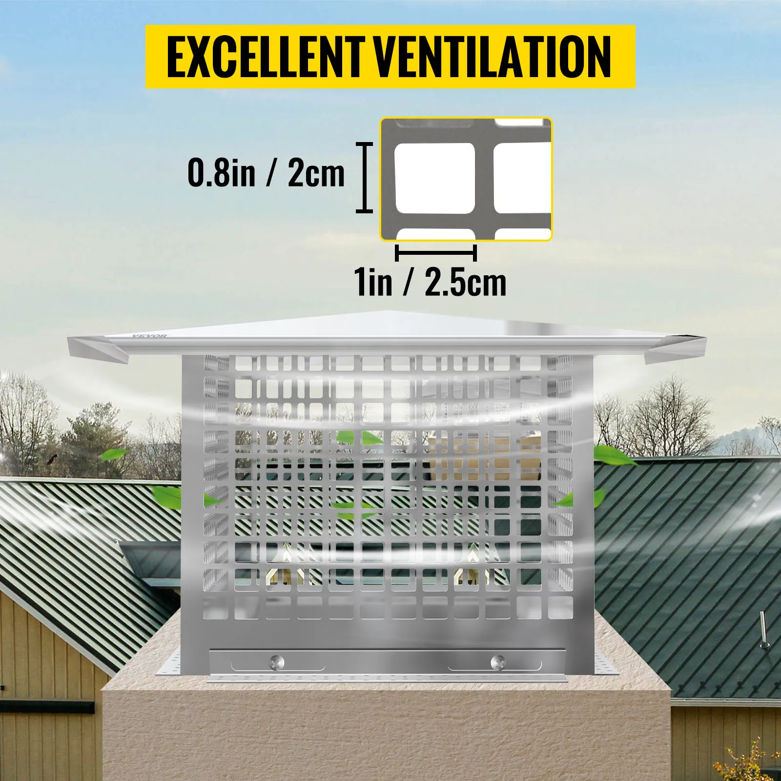 VEVOR chimney cap offering excellent ventilation with 0.8in x 1in mesh opening.
