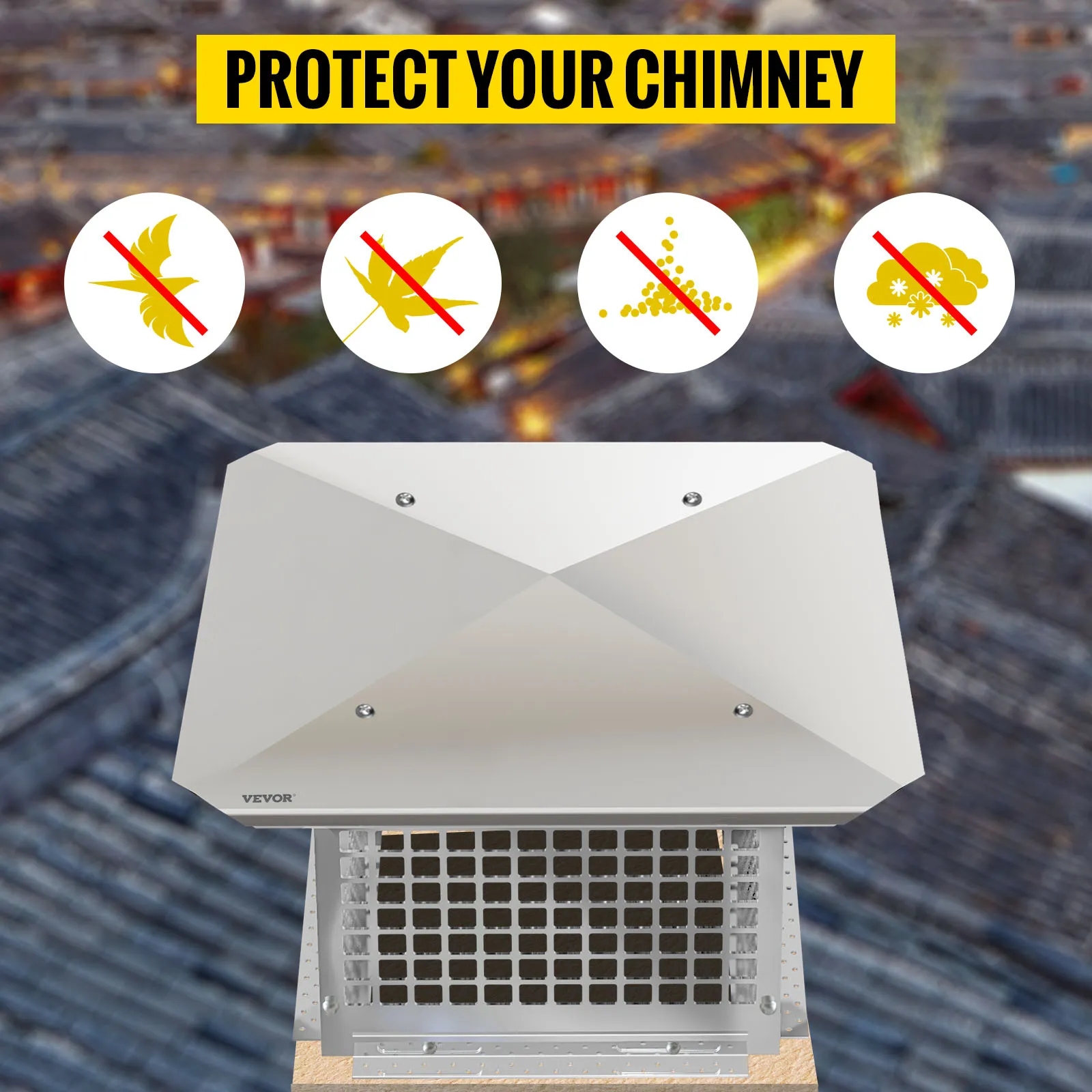 VEVOR chimney cap on a rooftop, highlighting protection from birds, leaves, debris, and weather.