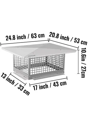 VEVOR chimney cap with mesh design and dimensions labeled in inches and centimeters.