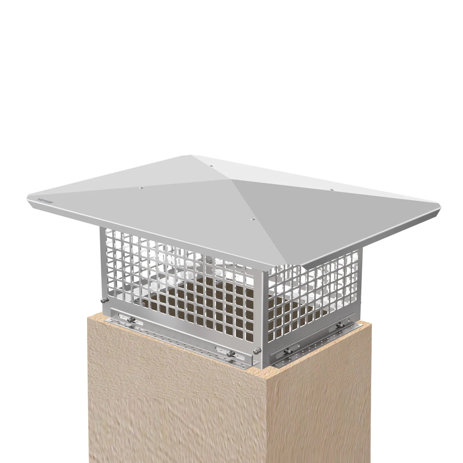 VEVOR chimney cap on brick chimney, stainless steel mesh sides, flat topper.