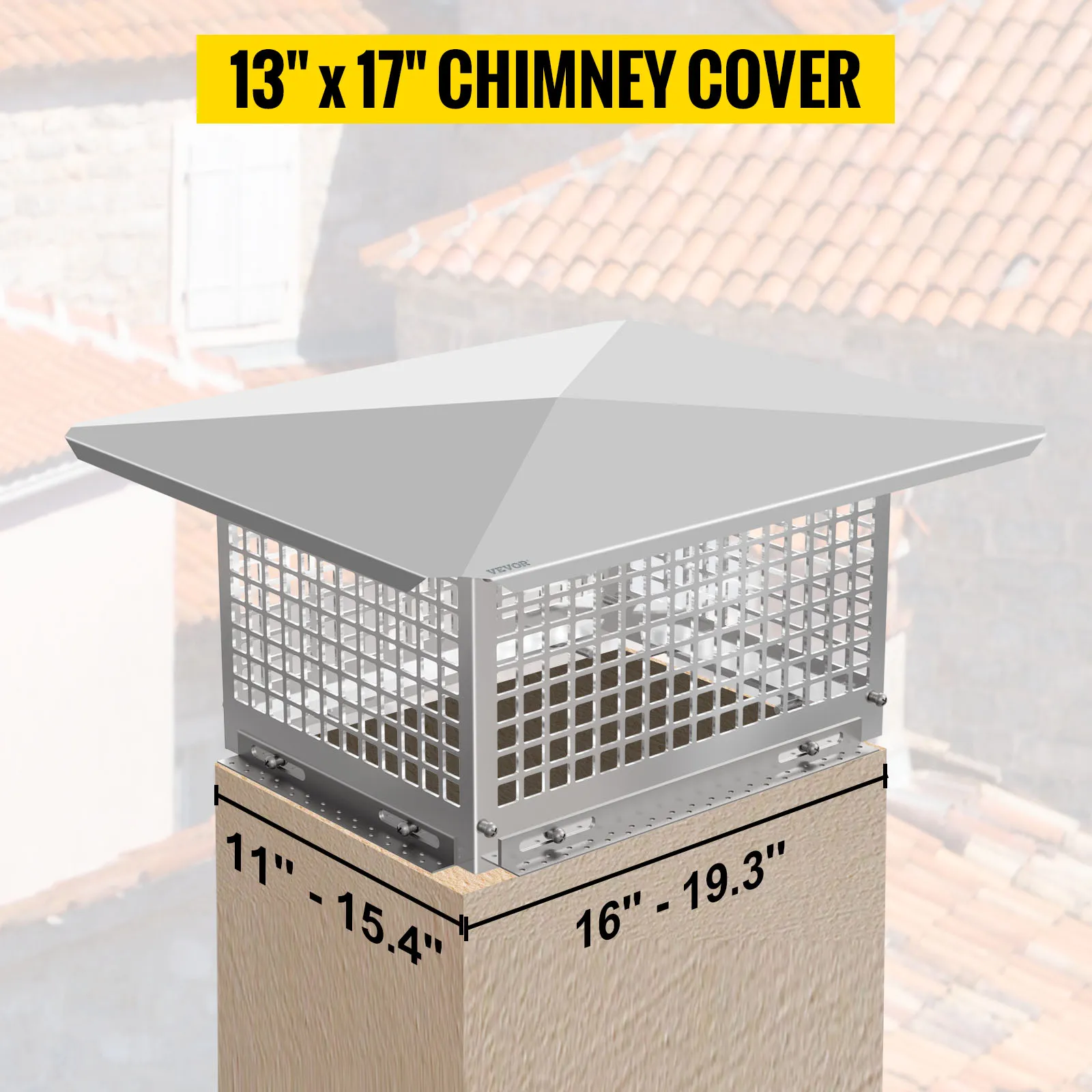 VEVOR chimney cap, 13"x17", adjustable base, rooftop background.