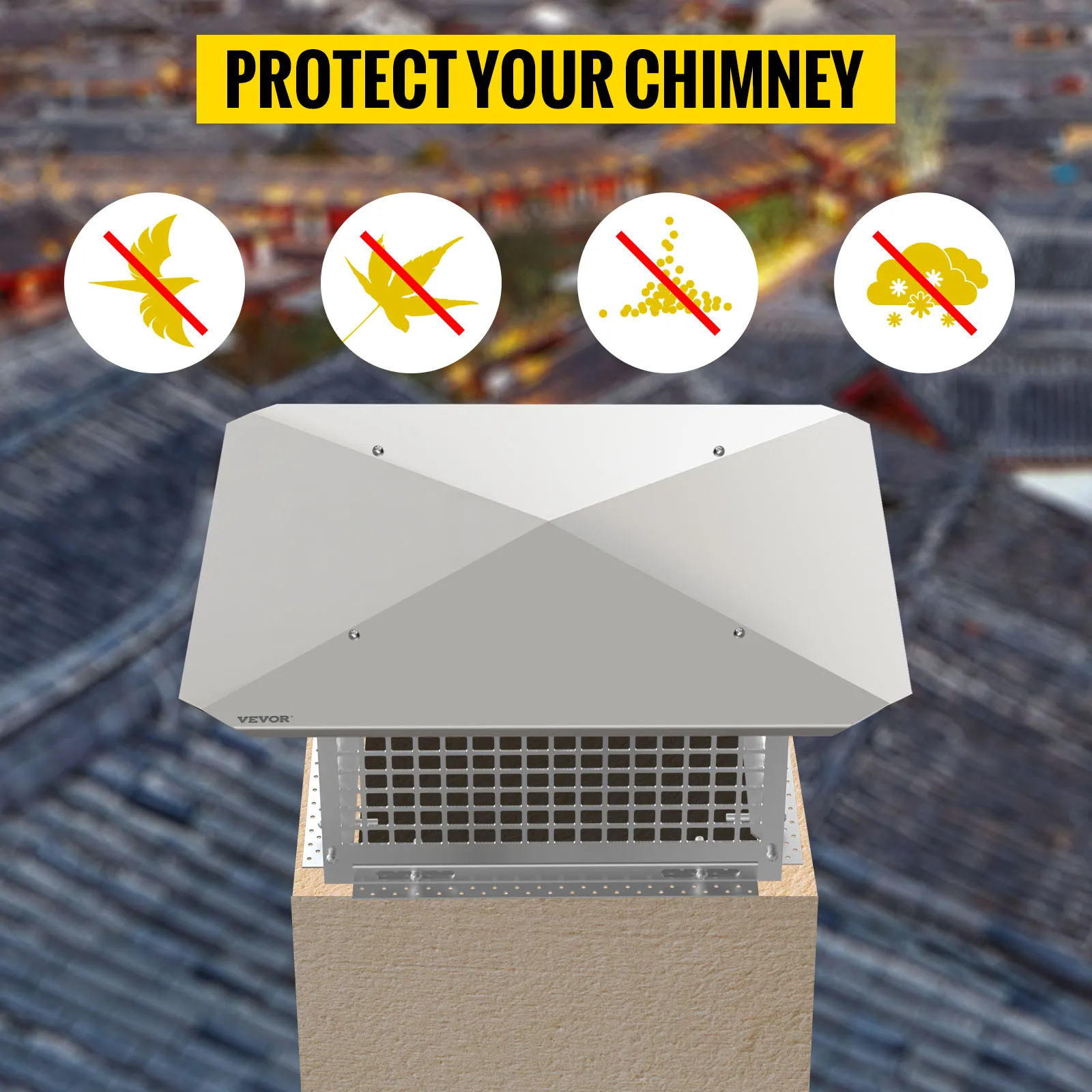 VEVOR chimney cap protecting chimney, preventing birds, leaves, and debris.