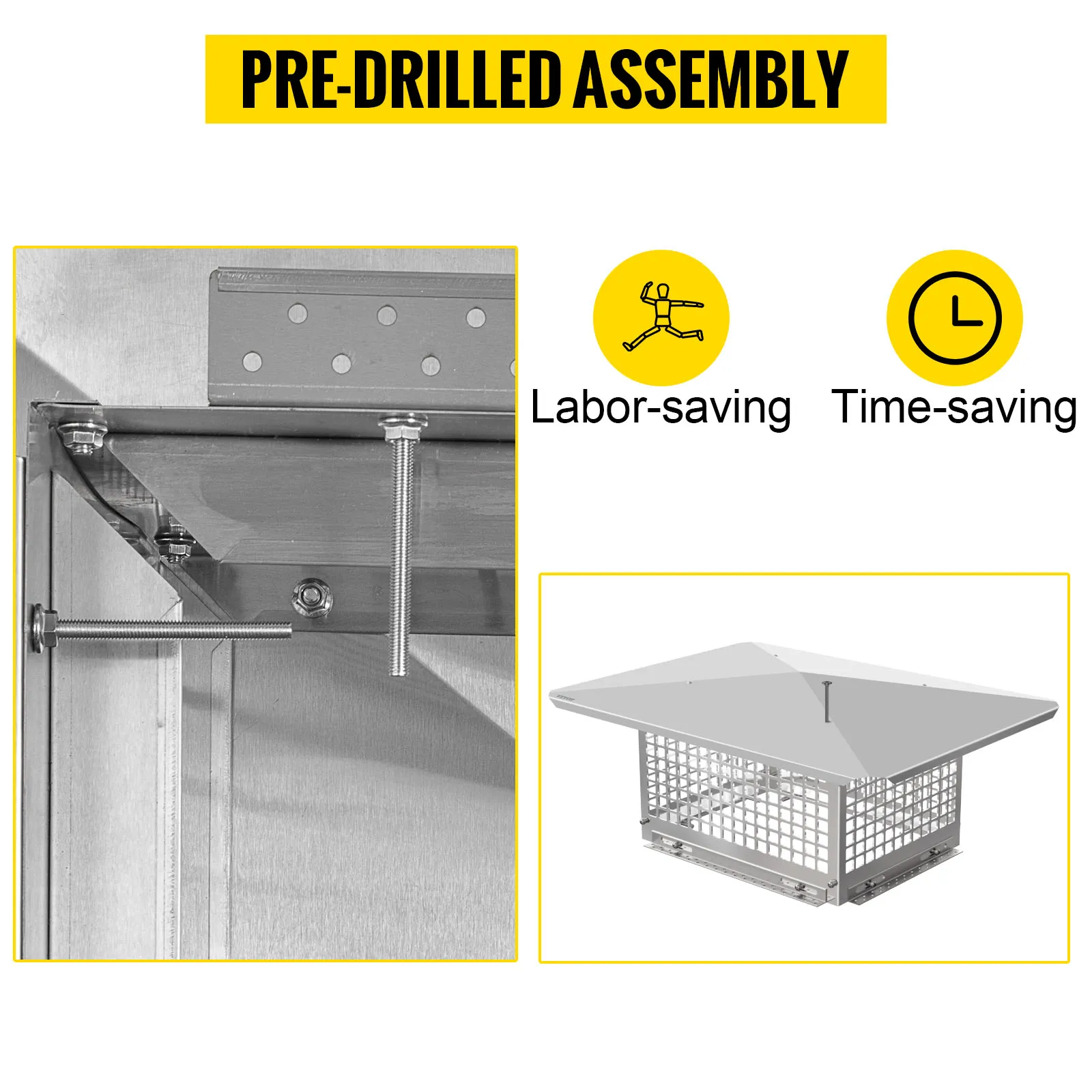 pre-drilled assembly VEVOR chimney cap with labor-saving and time-saving icons.