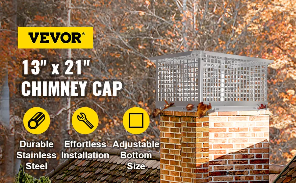 VEVOR chimney cap on brick chimney with fall background, detailing key features.