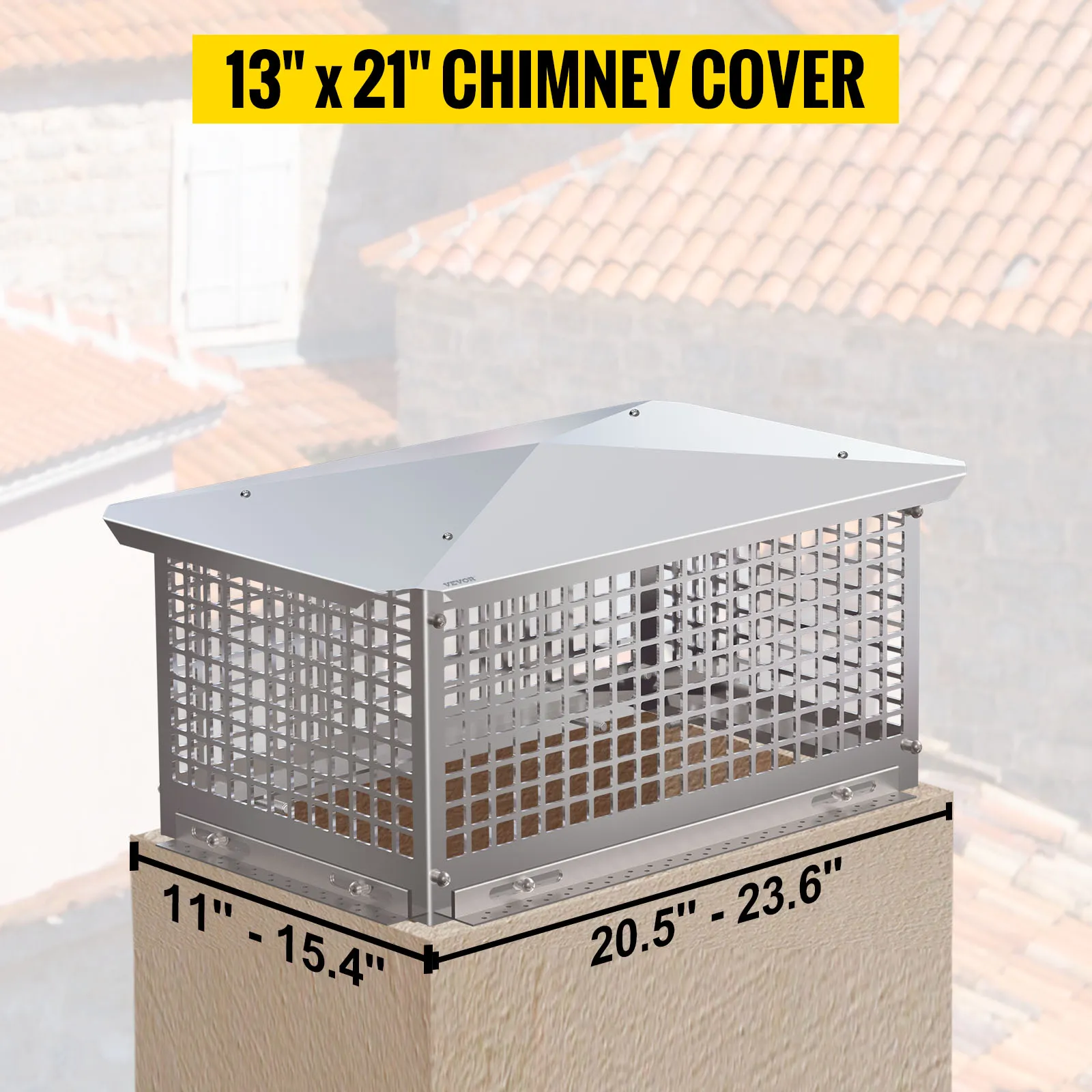 VEVOR chimney cap, 13"x21" stainless steel cover with mesh sides, on rooftop.