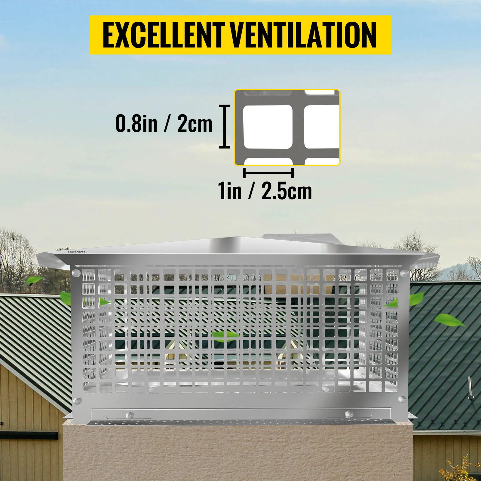 VEVOR chimney cap offering excellent ventilation with detailed dimensions.