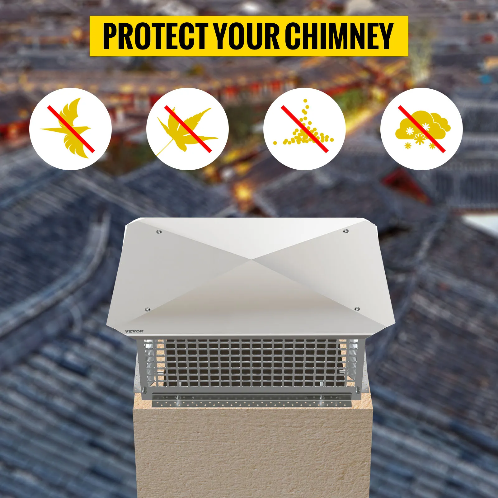 VEVOR chimney cap with protective symbols against birds, leaves, debris, and weather.