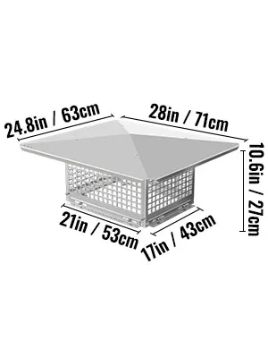 Medidas de la tapa de chimenea VEVOR: 24,8 pulgadas x 28 pulgadas, base 21 pulgadas x 17 pulgadas, altura 10,6 pulgadas.