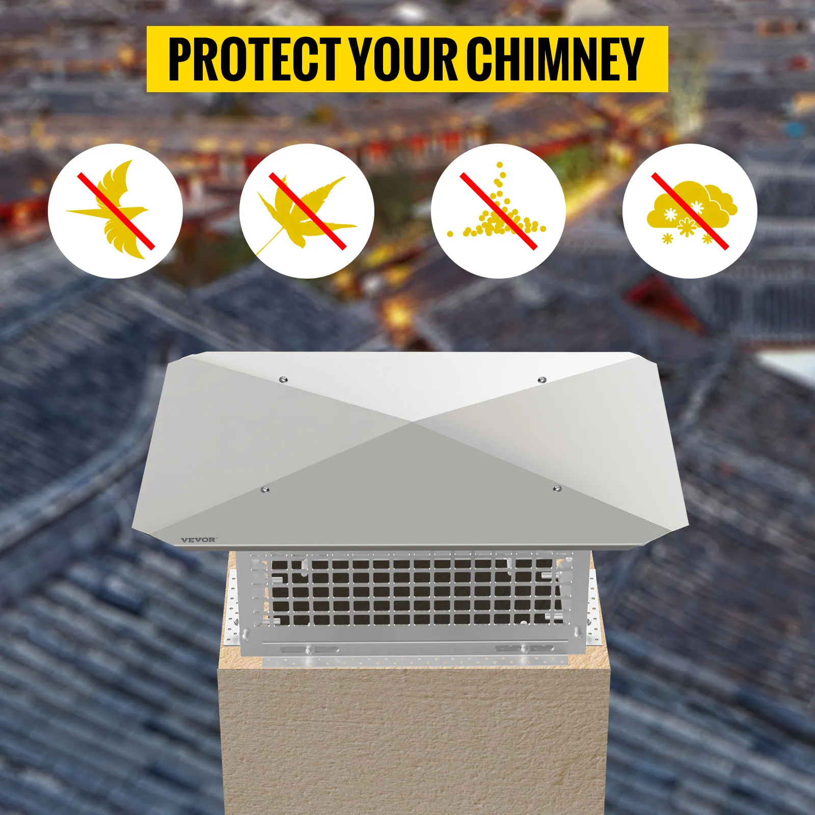 Tapa de chimenea VEVOR que protege contra pájaros, hojas, escombros y elementos climáticos.