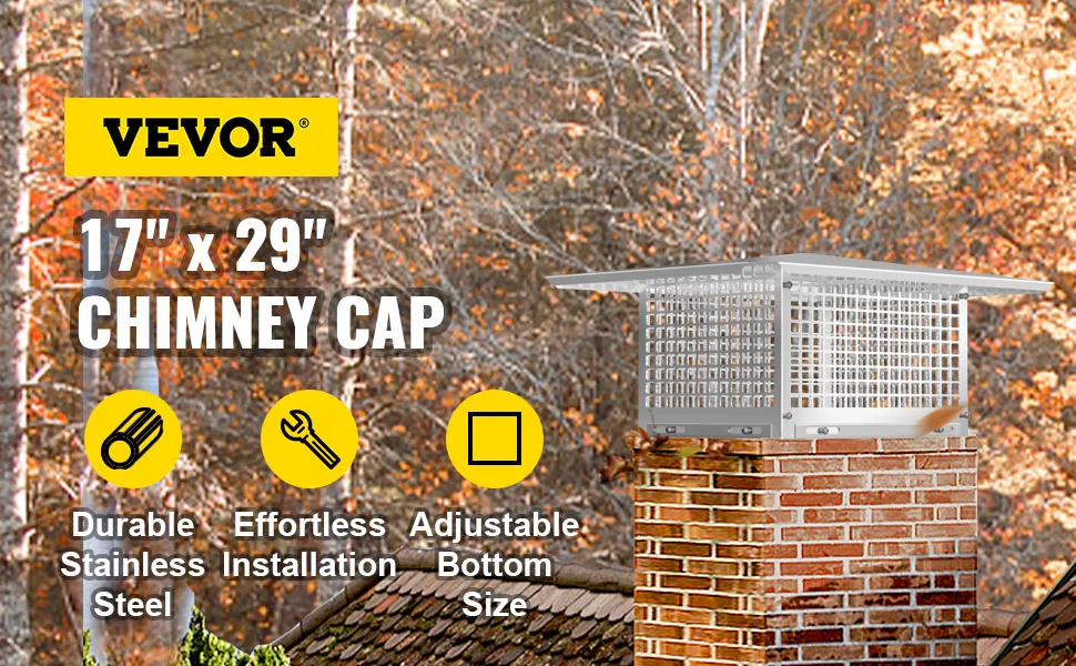 VEVOR chimney cap, 17" x 29", stainless steel, adjustable bottom size, easy installation.