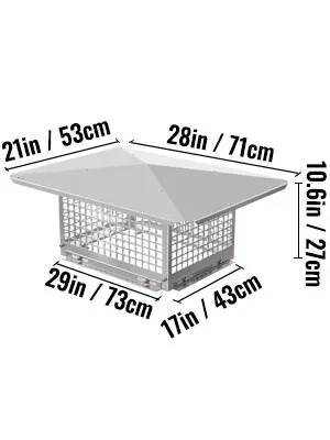 VEVOR chimney cap with mesh design and dimensions: 29in x 17in x 10.6in.