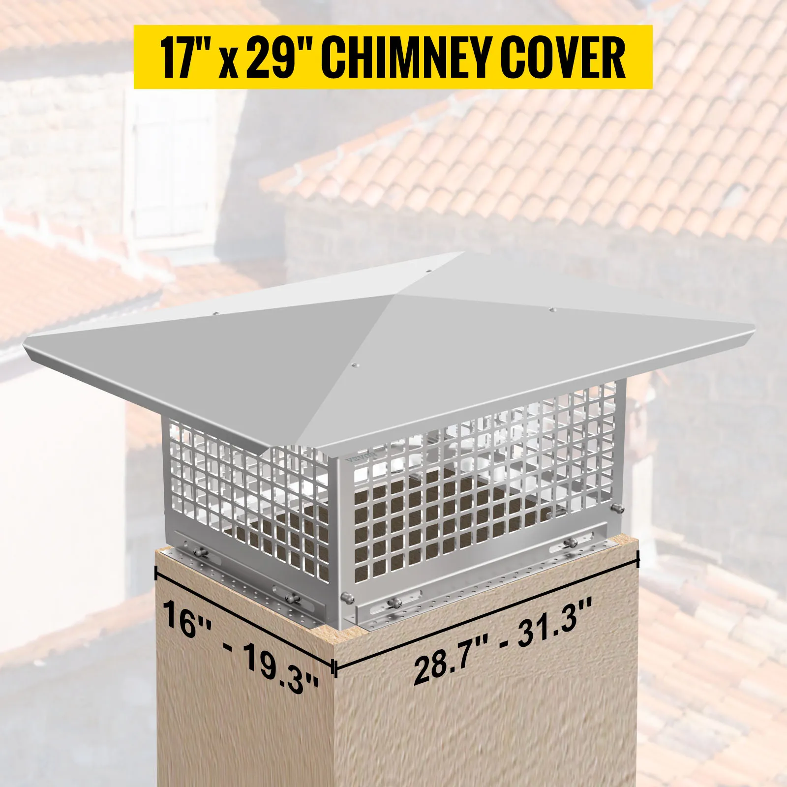 VEVOR chimney cap 17" x 29" with metal mesh and adjustable fittings.