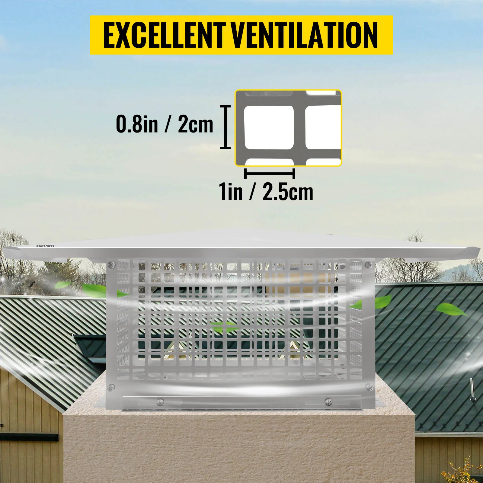 VEVOR chimney cap with excellent ventilation atop rooftop, showcasing dimensions.