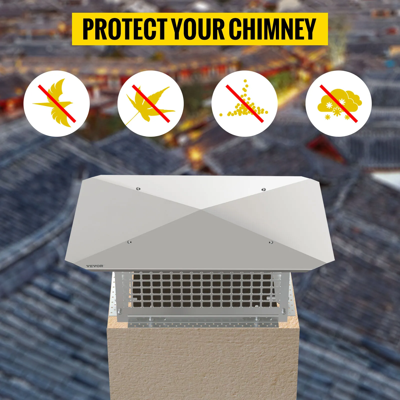 VEVOR chimney cap on rooftop with icons showing protection from birds, leaves, and debris.