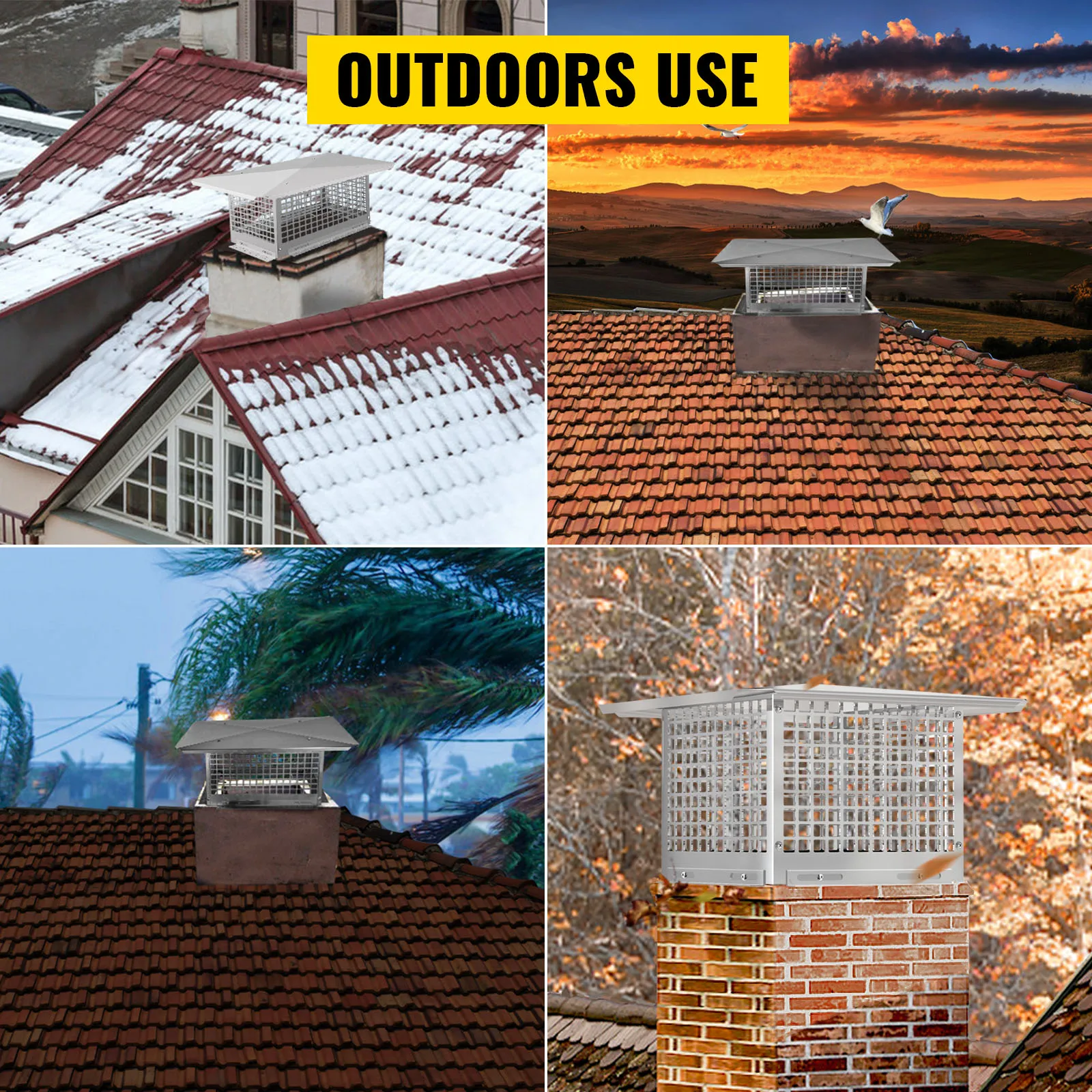 VEVOR chimney cap on various rooftops in different weather conditions.