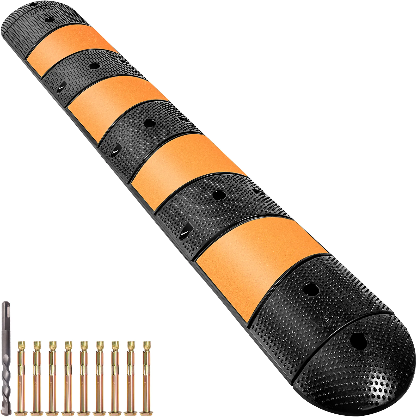 VEVOR rubber speed bump, black and yellow with installation hardware.