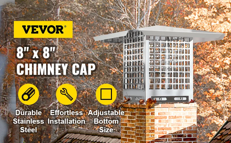 VEVOR chimney cap on brick chimney, fall background, durable stainless steel, 8"x8".