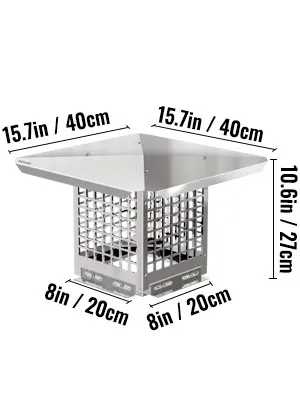 VEVOR chimney cap with 15.7in top and 8in sides, standing 10.6in tall.