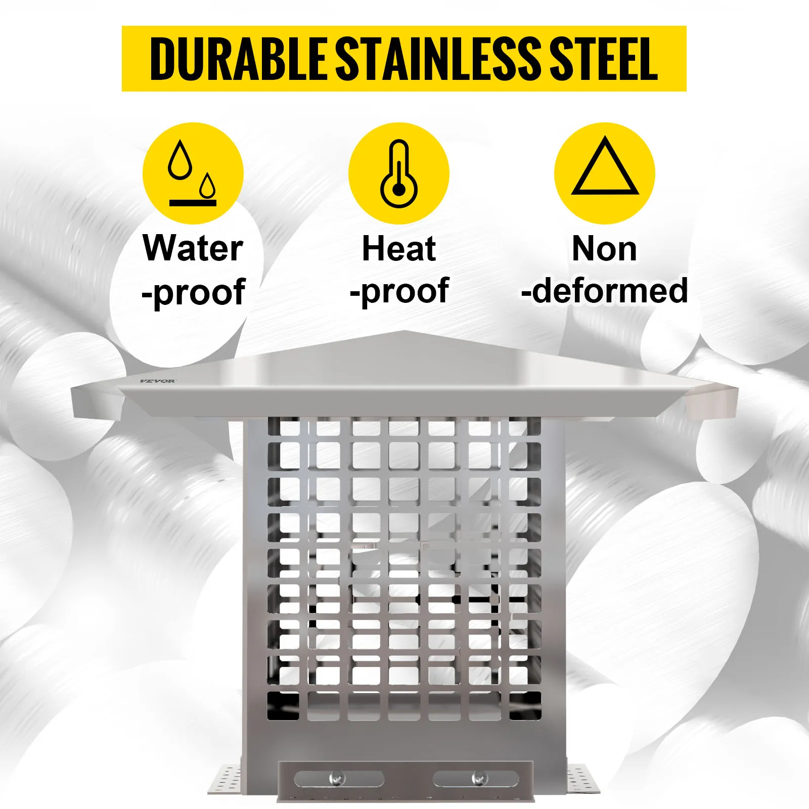 VEVOR chimney cap made of durable stainless steel; waterproof, heat-proof, and non-deformed.