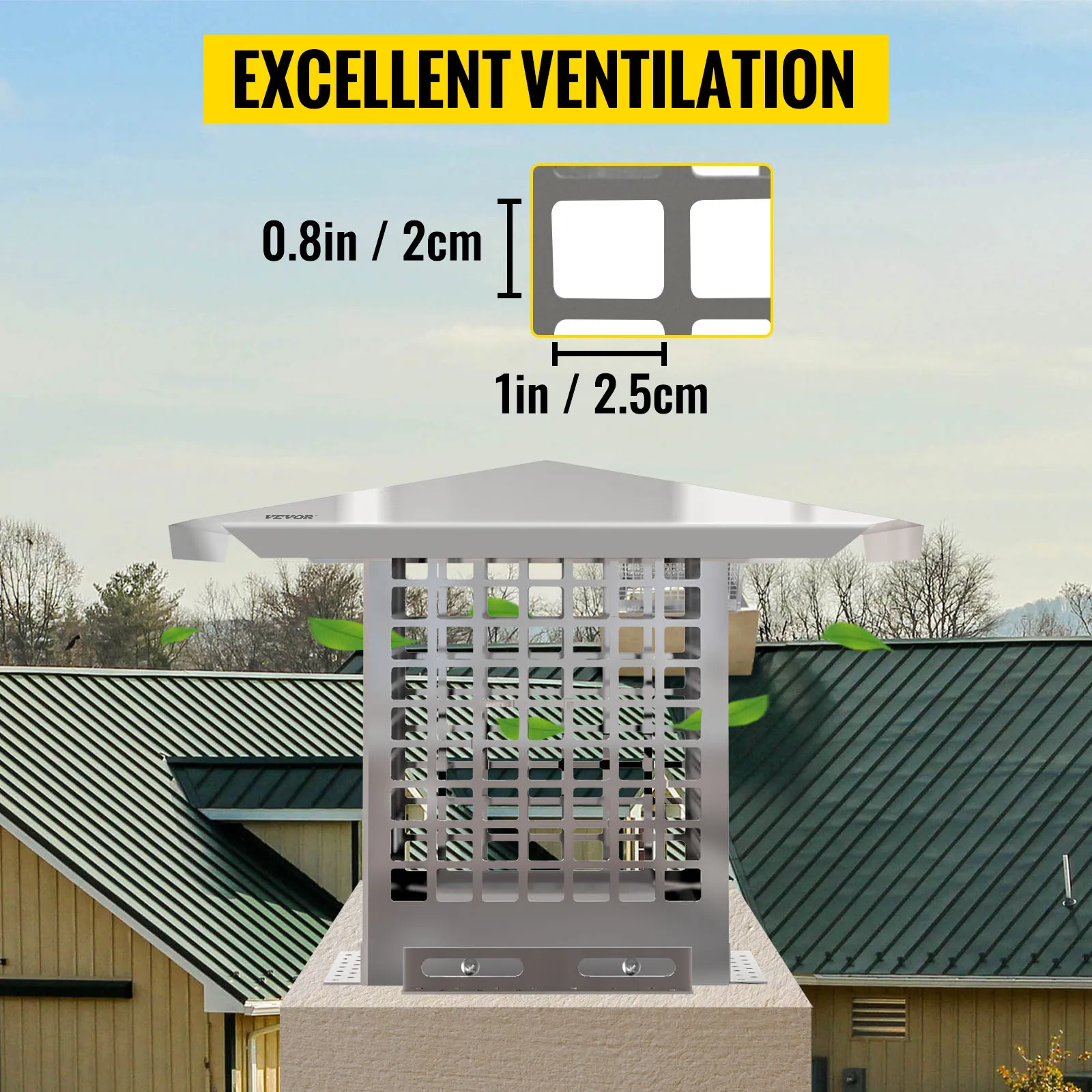 VEVOR chimney cap showing excellent ventilation and precise mesh measurements.