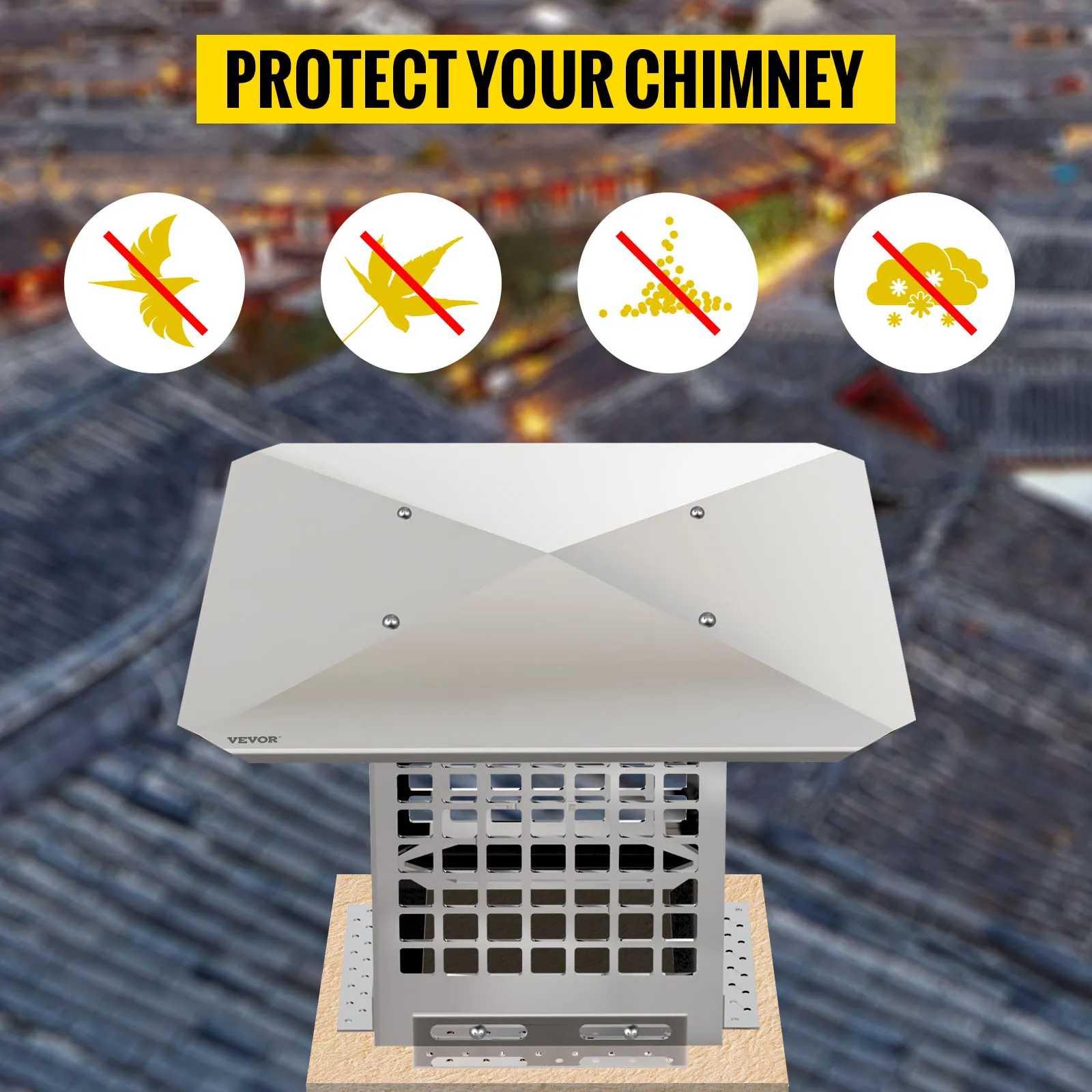 VEVOR chimney cap on rooftop background with icons for bird, leaf, debris, and snow protection.